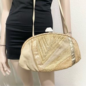 Vintage SHARIF Beige/Gold Leather Patchwork Lucite Top Lock Clutch Shoulder Bag